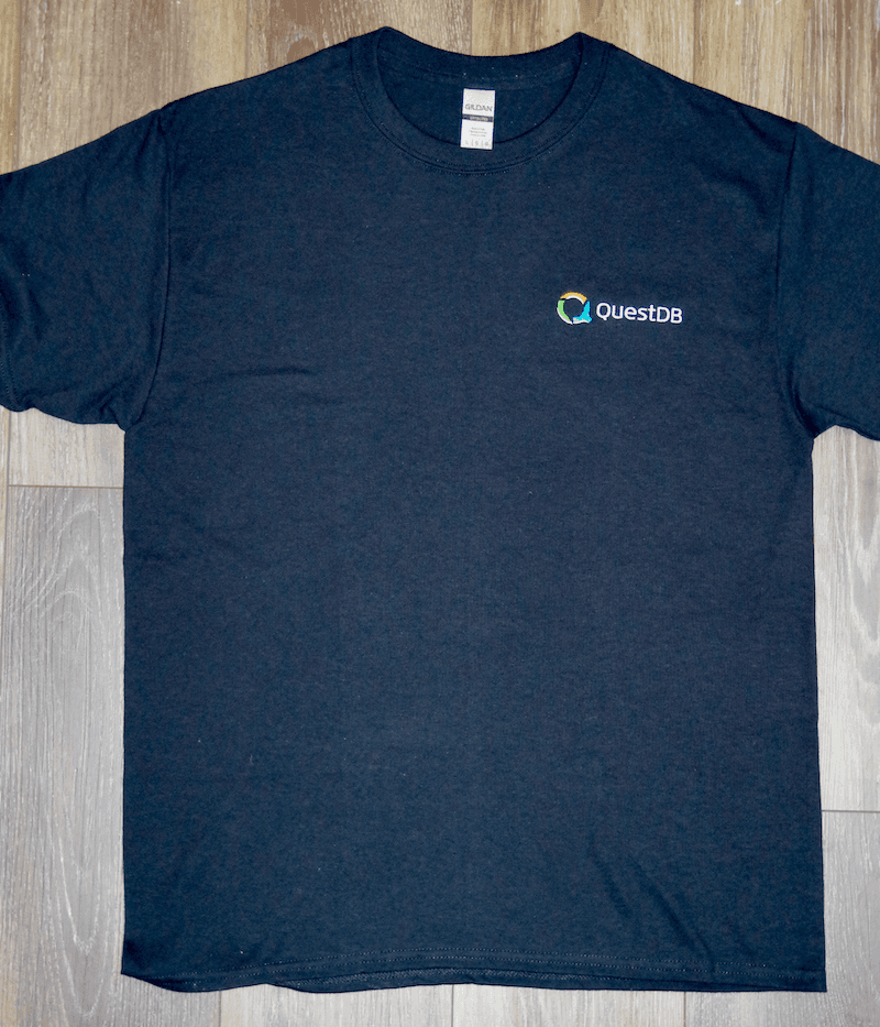 Black t-shirt with QuestDB's logo