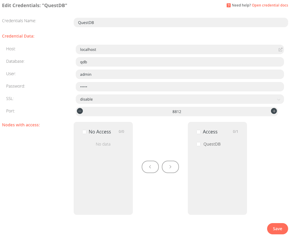 A credentials submission form for connecting n8n.io to QuestDB