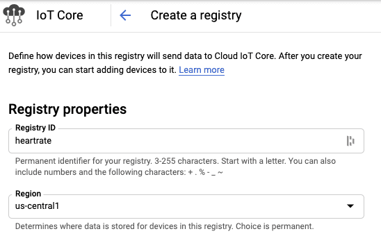 A screenshot of creating an IoT Core Device Registry in Google Cloud Platform