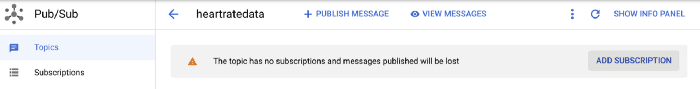 A screenshot of creating a Pub/Sub subscription in Google Cloud Platform