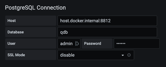 A screenshot of authenticating QuestDB within Grafana using Postgres