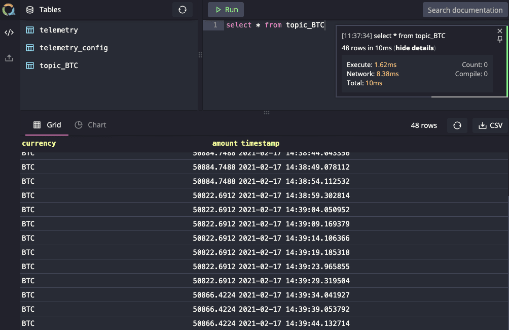 The Web Console in QuestDB showing results from a table of Bitcoin records