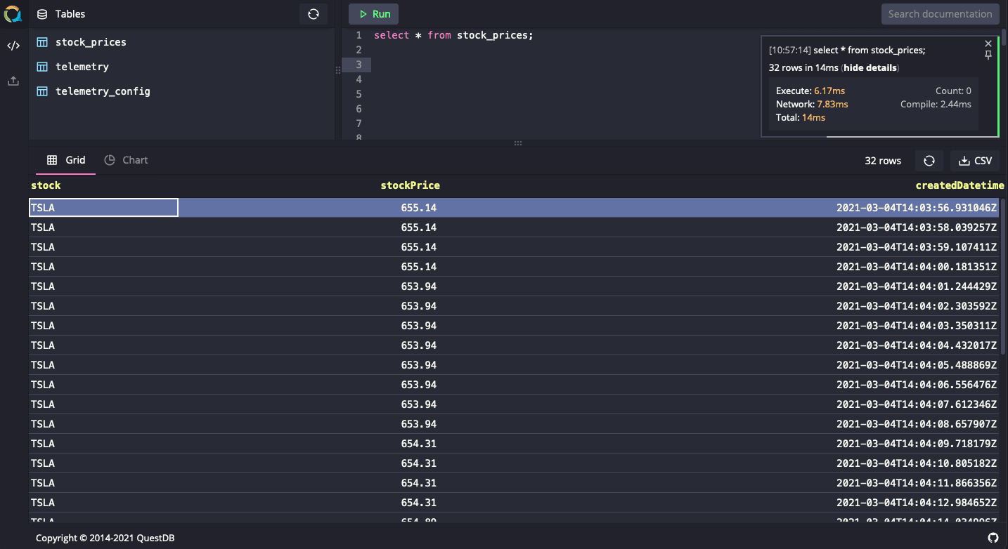 A screenshot of the QuestDB web console displaying rows of a database table