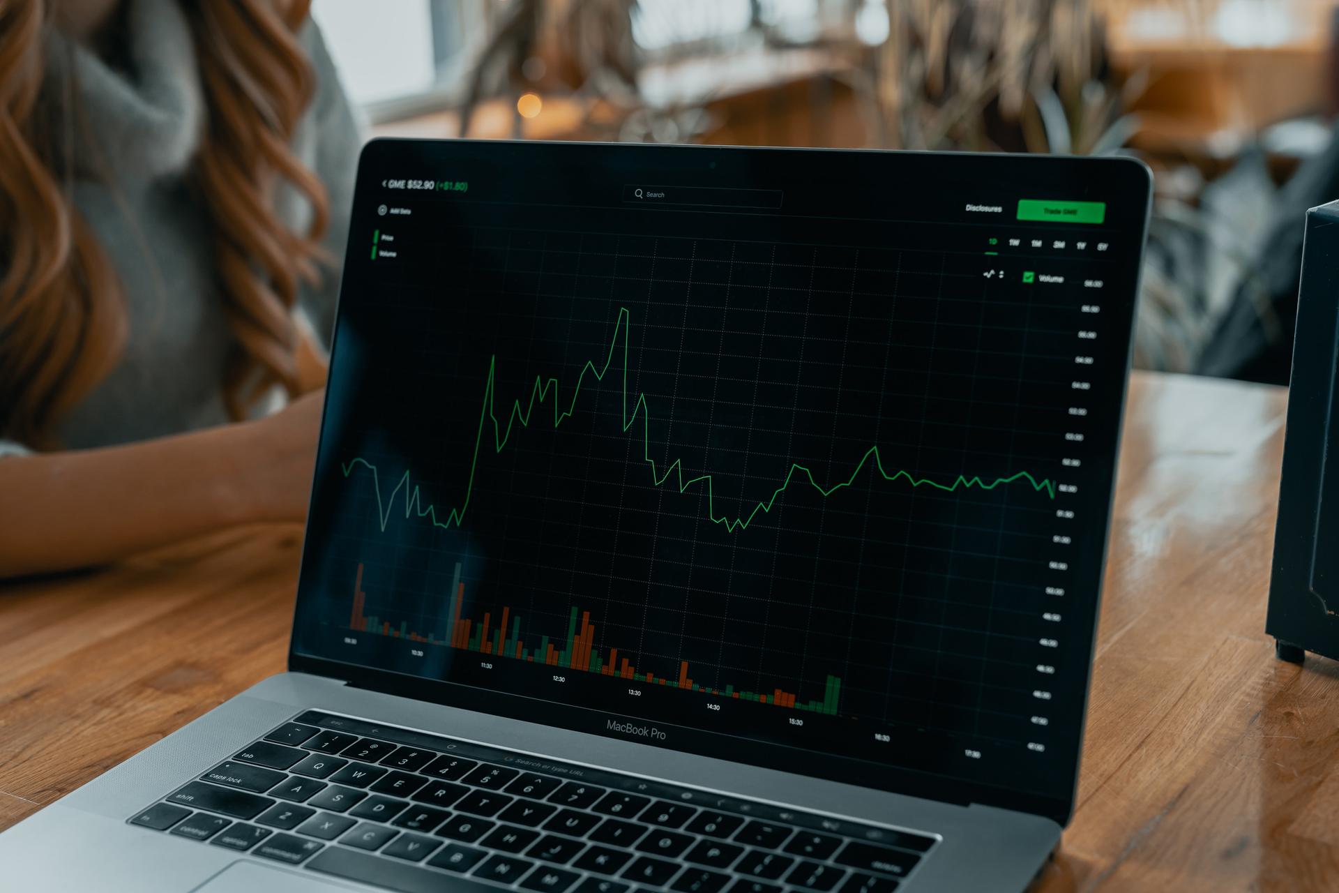 A laptop showing a graph of financial data over time