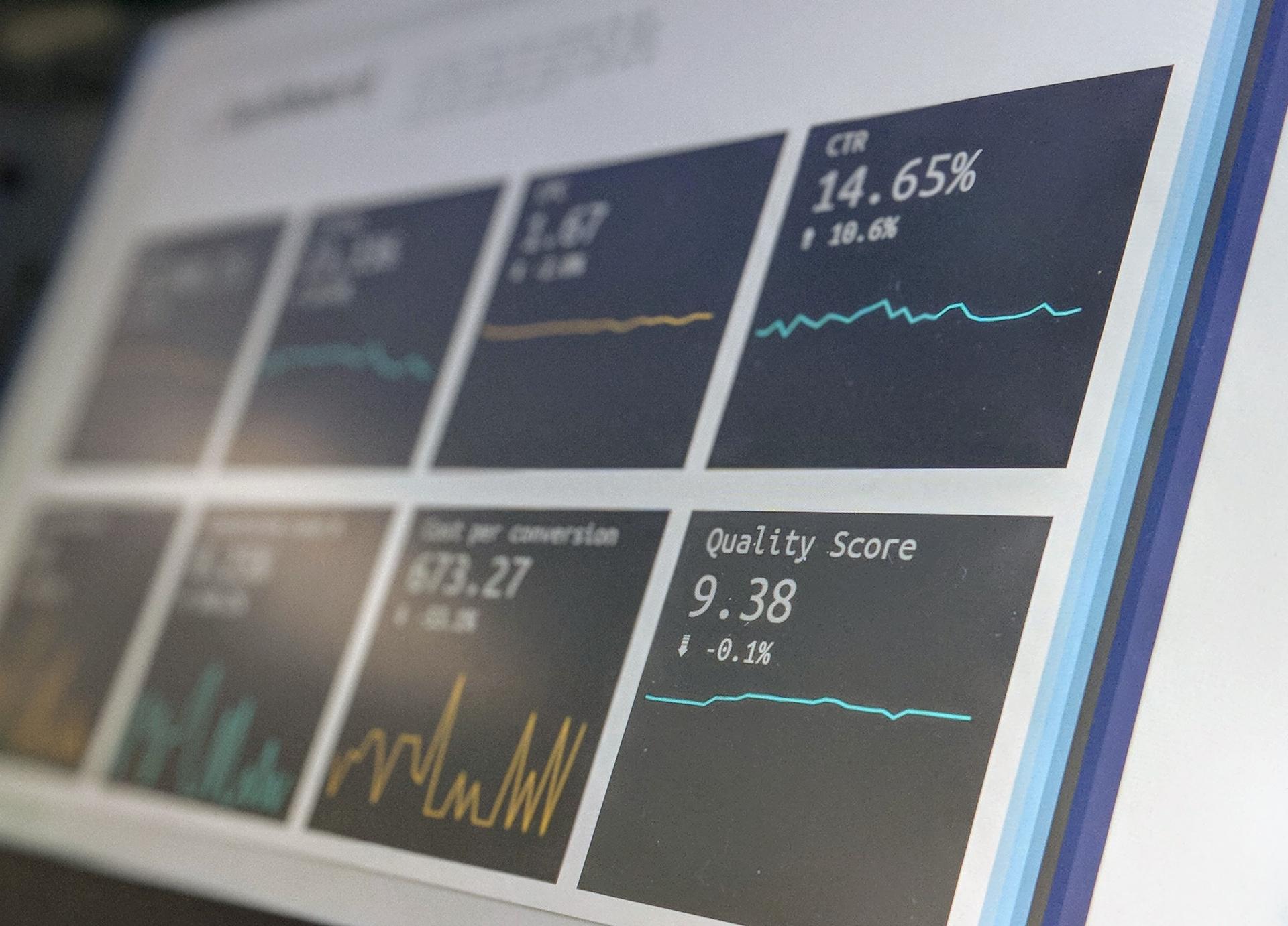 A display showing a dashboard with various analytics charts.