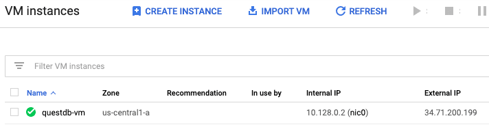 The Google Cloud console UI showing QuestDB running on a Compute Engine instance