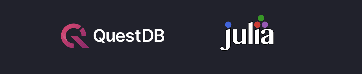 The QuestDB logo, and the Julia programming language logo.