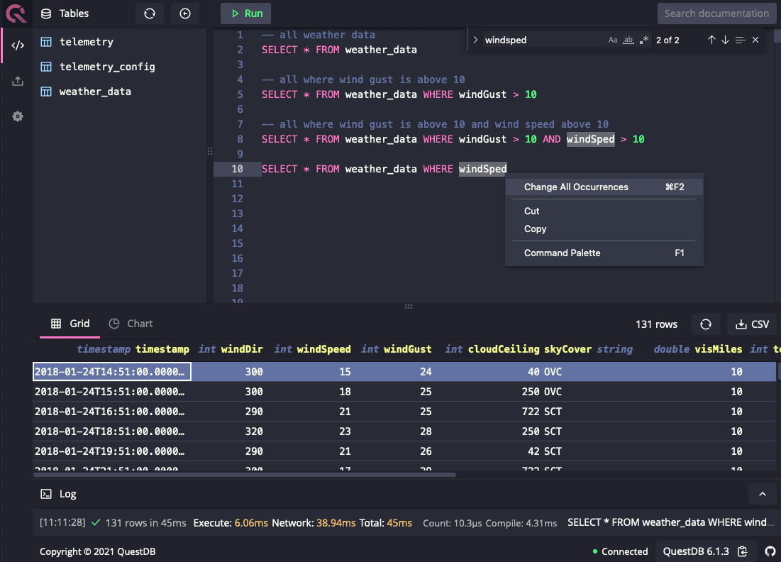 Find all functionality in the Monaco Editor within QuestDB
