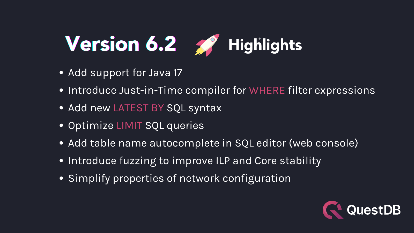 Latest features in QuestDB version 6.2 including SQL JIT compiler