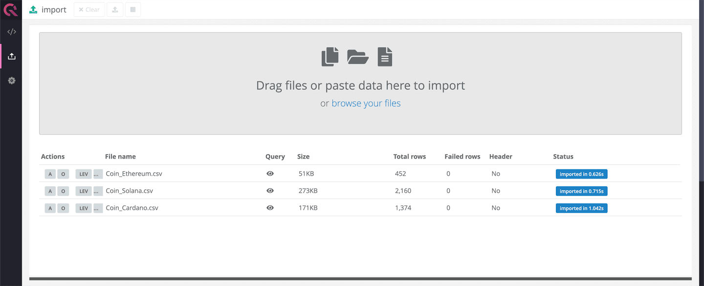 Import CSV section of QuestDB Web Console