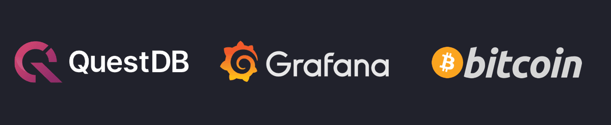 Grafana logo, QuestDB logo, Bitcoin logo