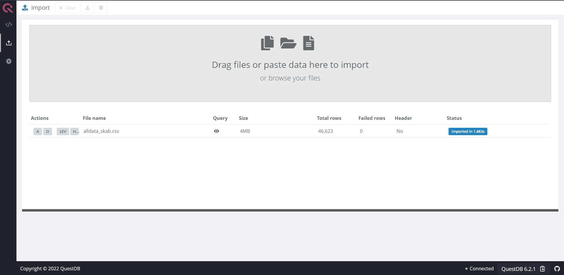 A screenshot of the QuestDB web console upload section.