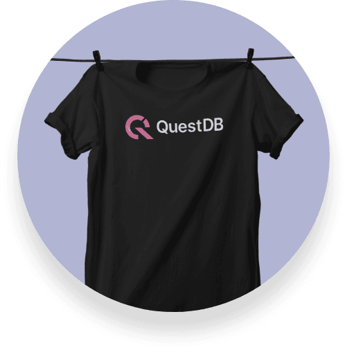 A black t-shirt with the QuestDB logo printed on the front