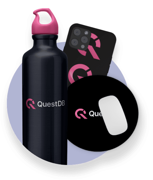 A pink and black water bottle, a cellphone cover and a circular mousemat printed with the QuestDB logo