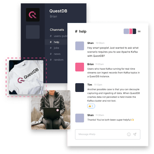 A collage showing conversation from the QuestDB community Slack workspace with QuestDB stickers that participants receive