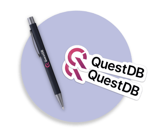 A mug and a pack of stickers printed with the QuestDB logo